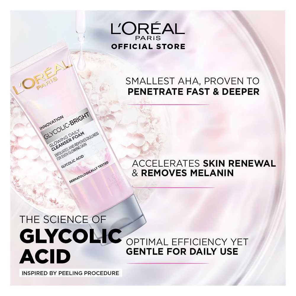 L'Oreal Paris Glycolic-Bright Glowing Daily Face Wash, For Even Glowing Skin, 100ml